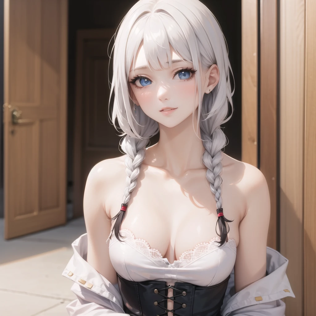 braid, ((short bangs:1.4)), (white hair), (best quality:1.3), (highres1.3), (clear1.3), (8k:1.3), masterpiece, (detailed:1.1), 1girl, solo, beautiful detailed eyes, beautiful detailed lips, extremely detailed eyes and face, long eyelashes,, blue eyes, shy smile, perfect proportion, face close up, mature,slender body, small chest, off-the-shoulder top, blouse