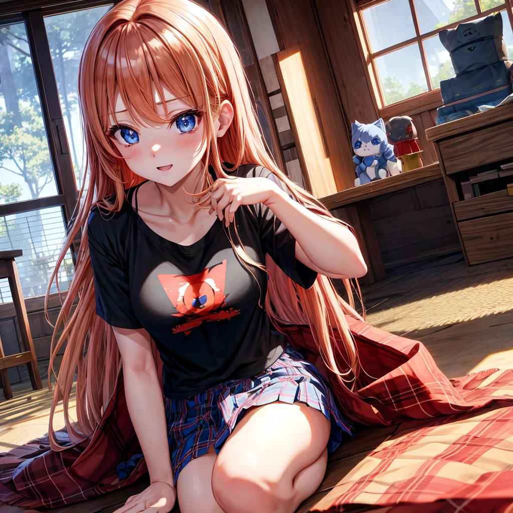 red blonde、blue eyess、one good looking girl、独奏、animesque、Plaid miniskirt、Black T-shirt、the woods、Sunlight、inside in room、Gah、Frolicking、hugging a fan、ah、being sloppy