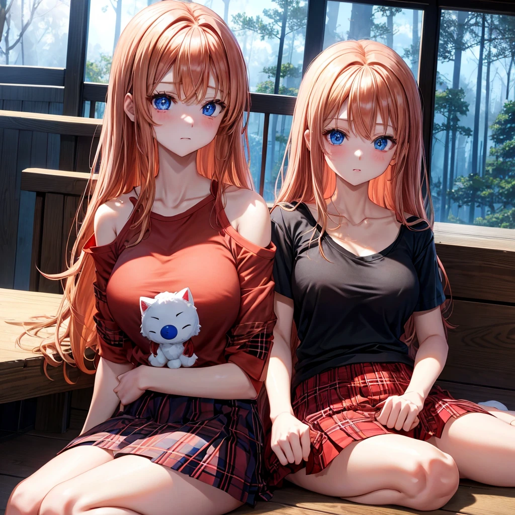 red blonde、blue eyess、one good looking girl、独奏、animesque、Plaid miniskirt、Black T-shirt、camisole、the woods、Sunlight、inside in room、sitting on、Wearing a blanket