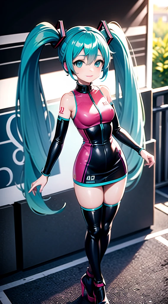 ((Hatsune Miku)), sexy outfit, twintails, mini skirt, high heels, ((race queen)), ((race circuit)), Mercedes-Benz, standing pose, high quality, high resolution, anime illustration
