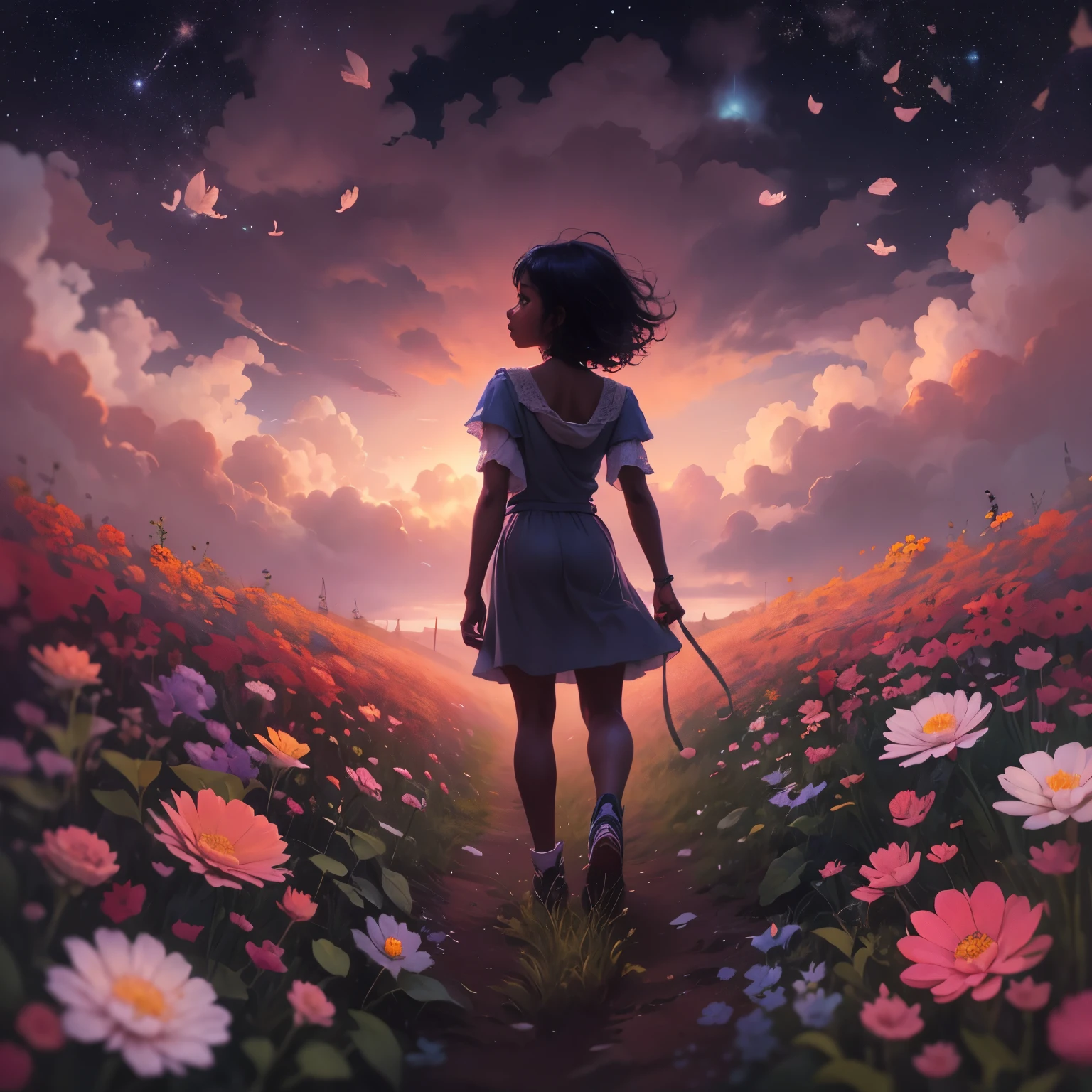 There is a black girl (dark skin) standing in a flower field looking up at the sky, a girl standing in a flower field, a girl walking in a flower field, lost in a dreamy wonderland, standing in a flower field, fantastic digital painting, the sky gradually clears, the starry sky gradually recedes, waiting for the ship to come in, art by Laura Diehl  Yaoyao Ma Van As