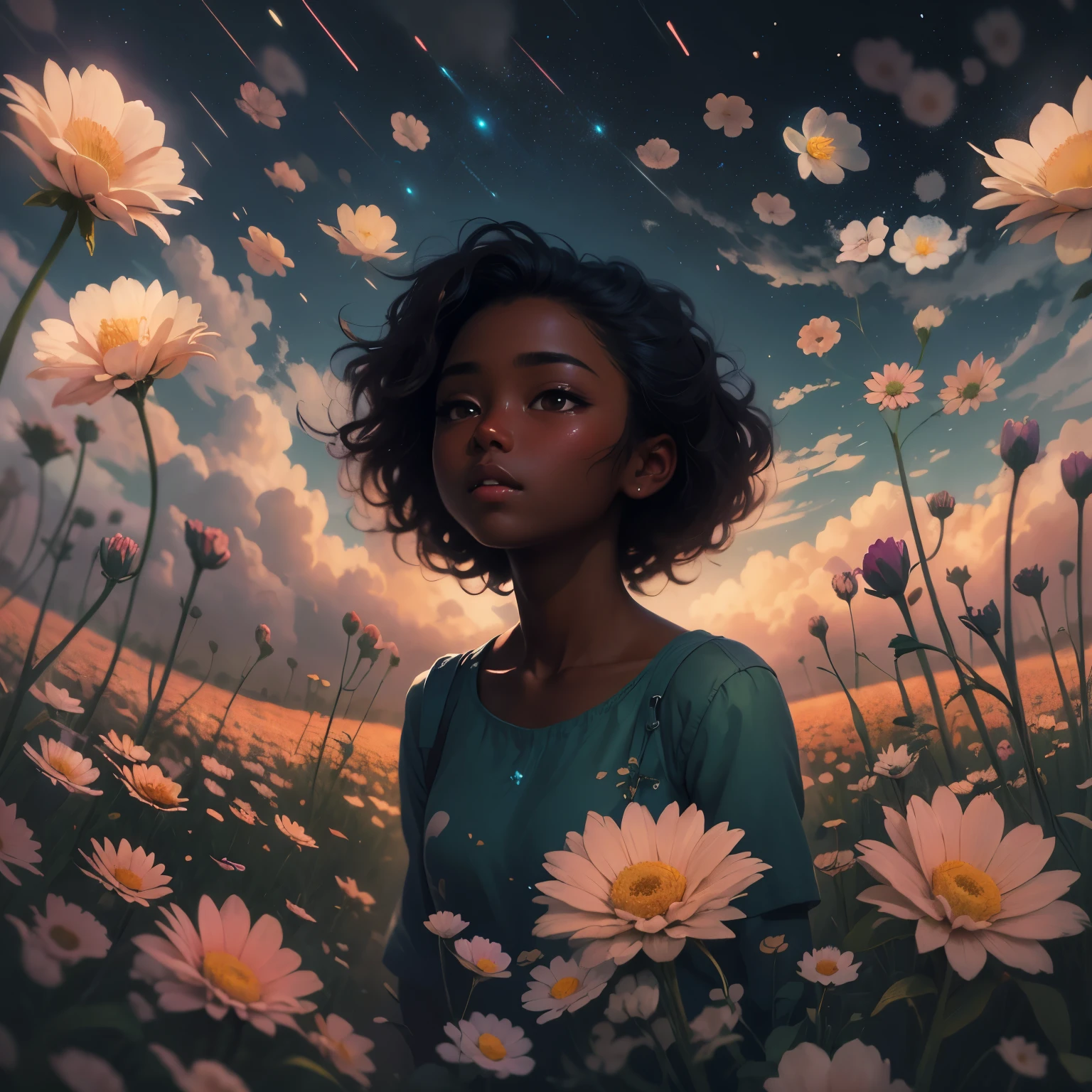 There is a black girl (dark skin) standing in a flower field looking up at the sky, a girl standing in a flower field, a girl walking in a flower field, lost in a dreamy wonderland, standing in a flower field, fantastic digital painting, the sky gradually clears, the starry sky gradually recedes, waiting for the ship to come in, art by Laura Diehl Yaoyao Ma Van As