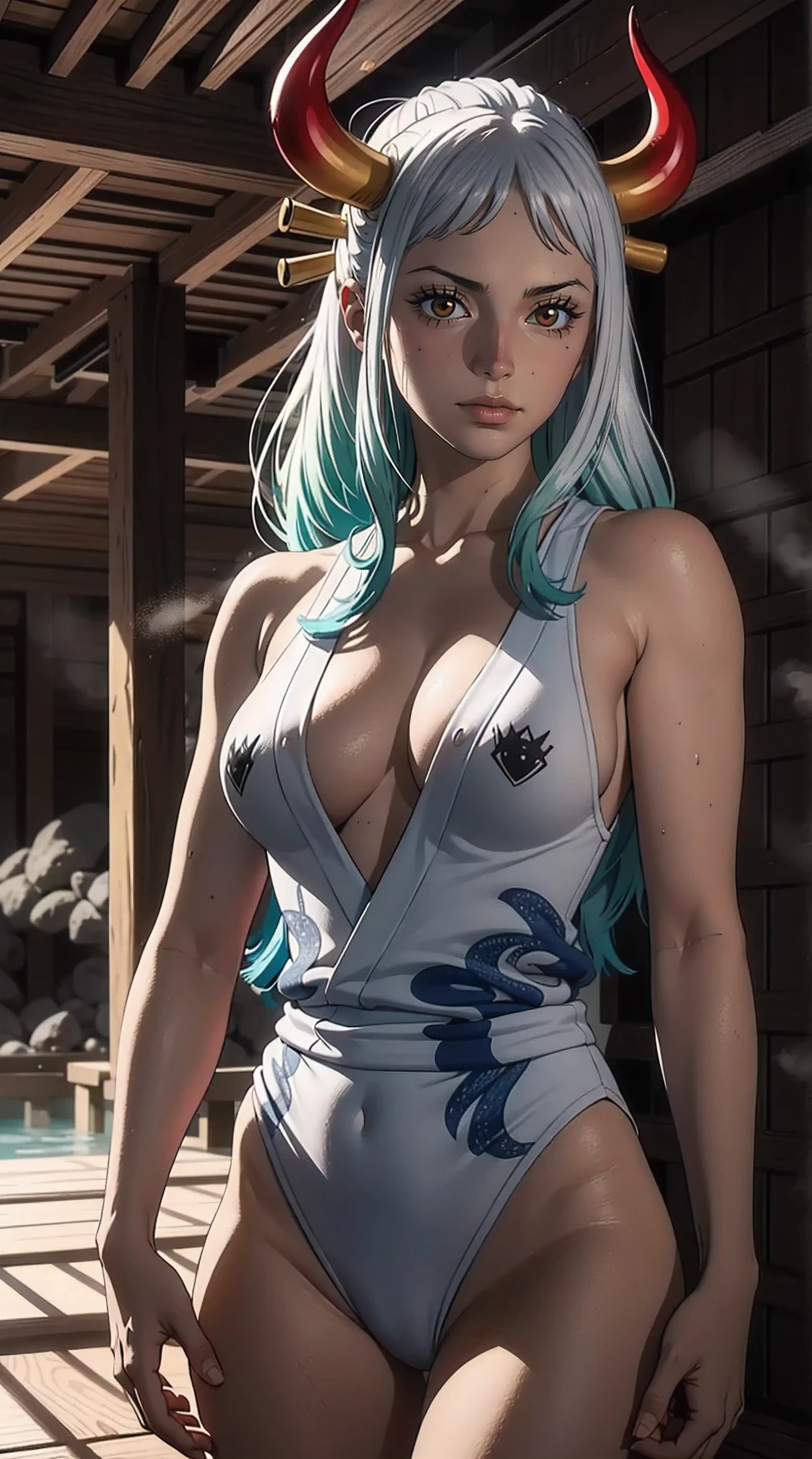 (best quality:1.2,ultra-detailed,realistic:1.37),Yamato with long, multicolor hair from One Piece, with small horns, enjoying a relaxing time in a traditional Japanese onsen. Yamato  depicted in a nude state, showcasing large and naturally-formed breasts. The artwork portrays attention to detail and realism, emphasizing the intricate textures and shading of the character's physique. The scene captures the essence of a tranquil onsen atmosphere, with steam rising in the background, illuminating the room with soft, natural light. The color palette  vibrant and complementary, enhancing the overall visual impact.