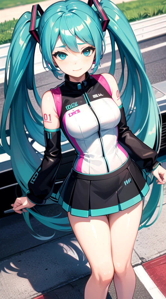 ((Hatsune Miku)), sexy outfit, twintails, mini skirt, high heels, ((race queen)), ((race circuit)), Mercedes-Benz, standing pose, high quality, high resolution, anime illustration