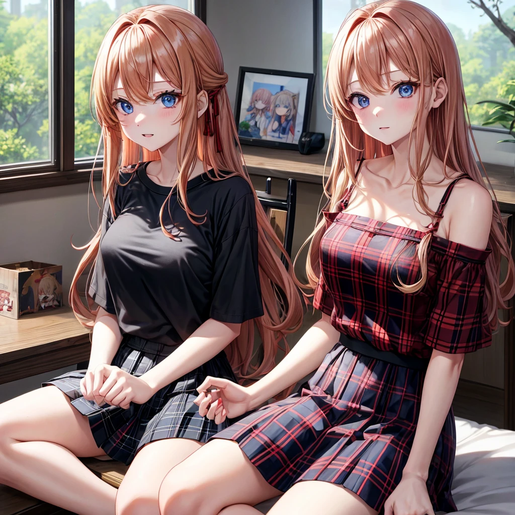 red blonde、blue eyess、one good looking girl、独奏、animesque、Plaid miniskirt、Black T-shirt、camisole、the woods、Sunlight、inside in room、sitting on、Wearing a blanket