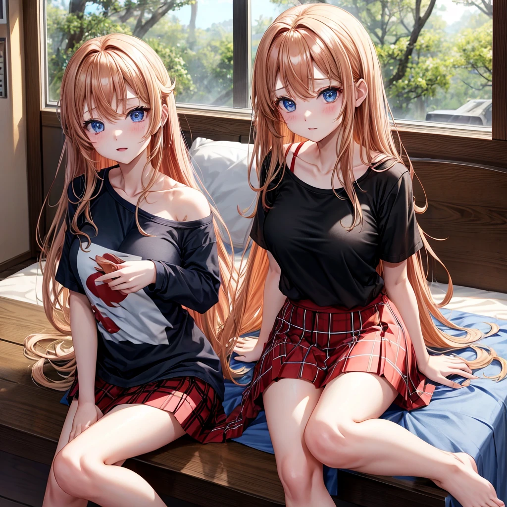 red blonde、blue eyess、one good looking girl、独奏、animesque、Plaid miniskirt、Black T-shirt、camisole、the woods、Sunlight、inside in room、sitting on、Wearing a blanket
