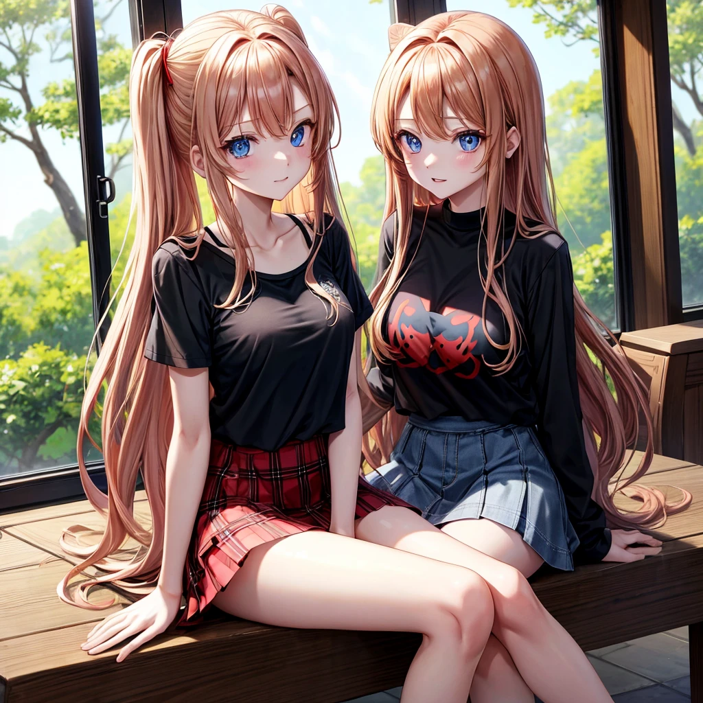 red blonde、blue eyess、one good looking girl、独奏、animesque、Plaid miniskirt、Black T-shirt、camisole、the woods、Sunlight、inside in room、sitting on、Wearing a blanket