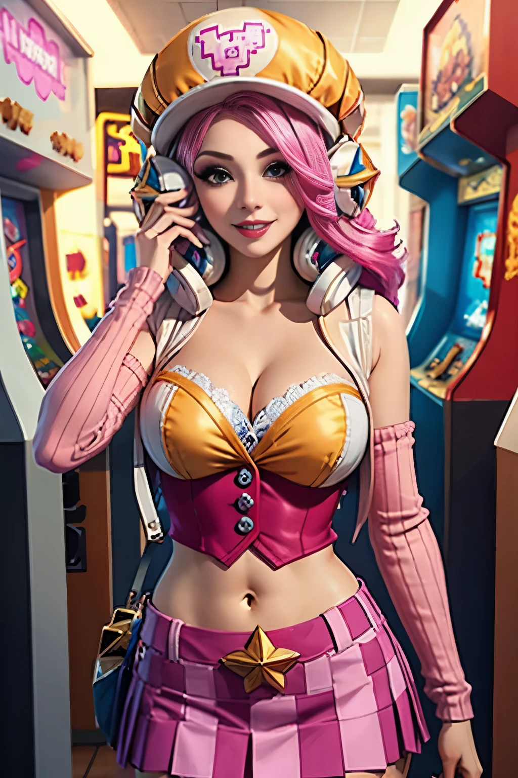 (masterpiece, best quality:1.2), intricate details, arcade miss fortune, 1girl, cleavage, detached sleeves, hat, headphones, pleated skirt, pink hair, multicolored hair, navel, makeup, light smile