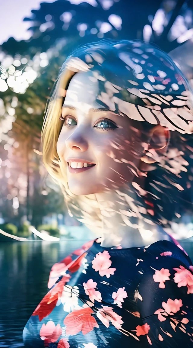 photoRealstic、((Super multiple exposure effect where the background can be seen through the clothes))、girl with、A smile、Lakeside in the background、Wonderful、towards the night view, If you leave the shutter open for a long time、create a line of light.
