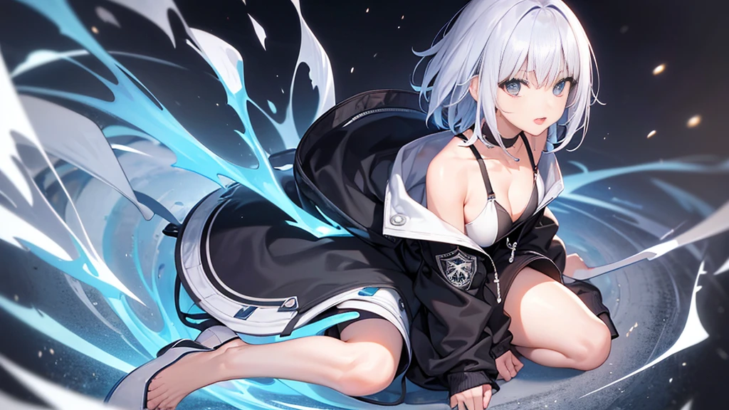 Ultra-high image quality,Look at viewers, hands behind back, girl with, 20 years old, Very short hair, long bangs between eyes, blue eyess,Black eyes, Hoodie, Skirt , Extremely detailed,(​masterpiece、top-quality),White hair、A smile、Fantastical, Silver hair,,  Hoodie, White hoodie,a black skirt,Hair is short,White jacket, Casual style,Open jacket, , look down from above、open open mouth、5 fingers、sit on a bed、collarbone visible