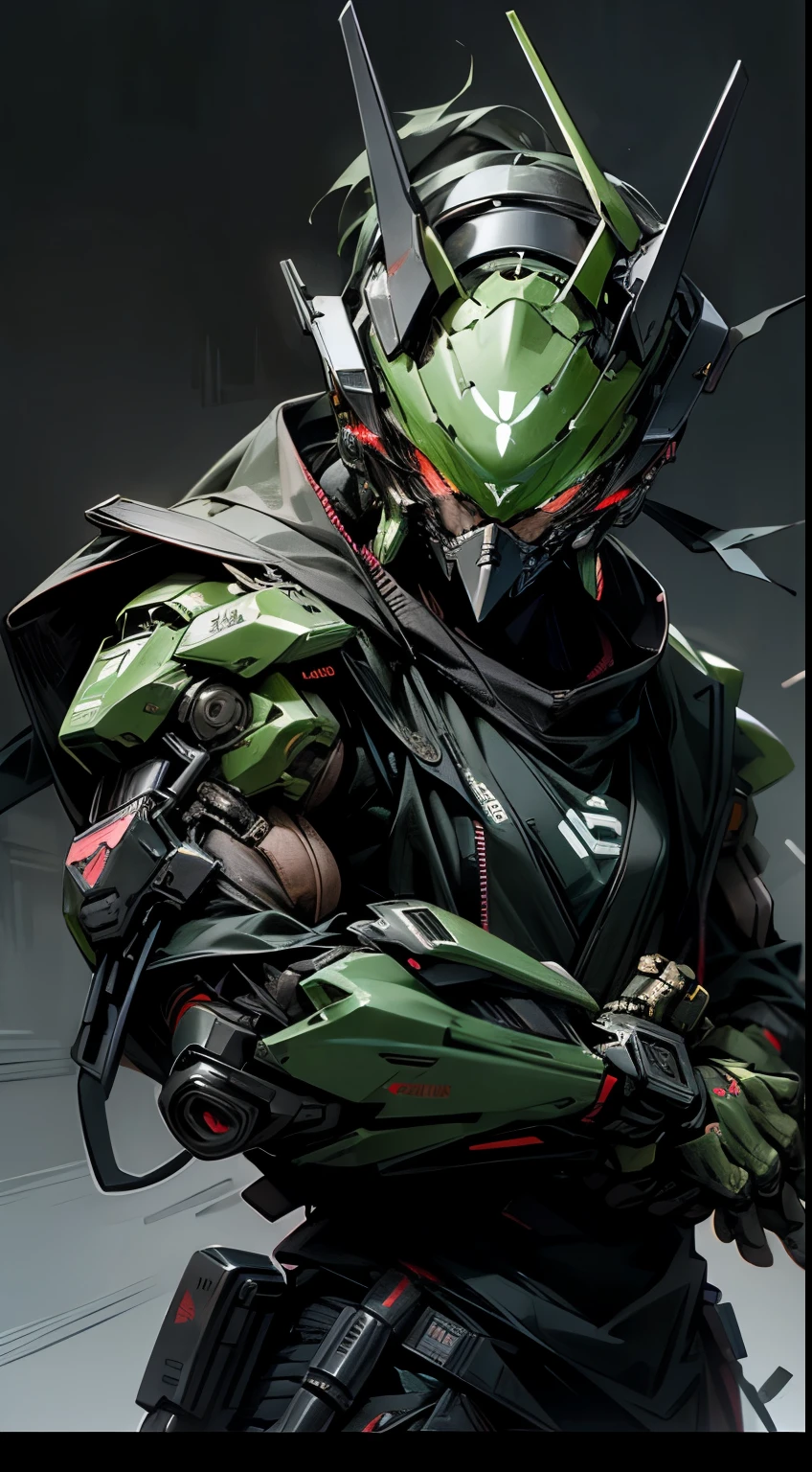 A cyberpunk ninja, green mecha suit, deadly looking ninja, Evil