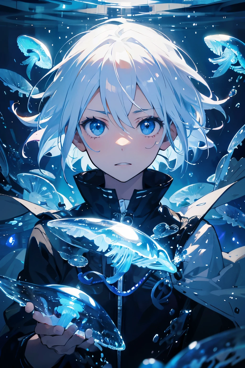 (masutepiece), (Best Quality), Highly detailed, 1 boy, Solo Focus, Perfect face, extra detailed face，white  hair，Blue eyes，Floating hair，under the water，ocean floor，AngelT，foam，Jellyfish，sea weed