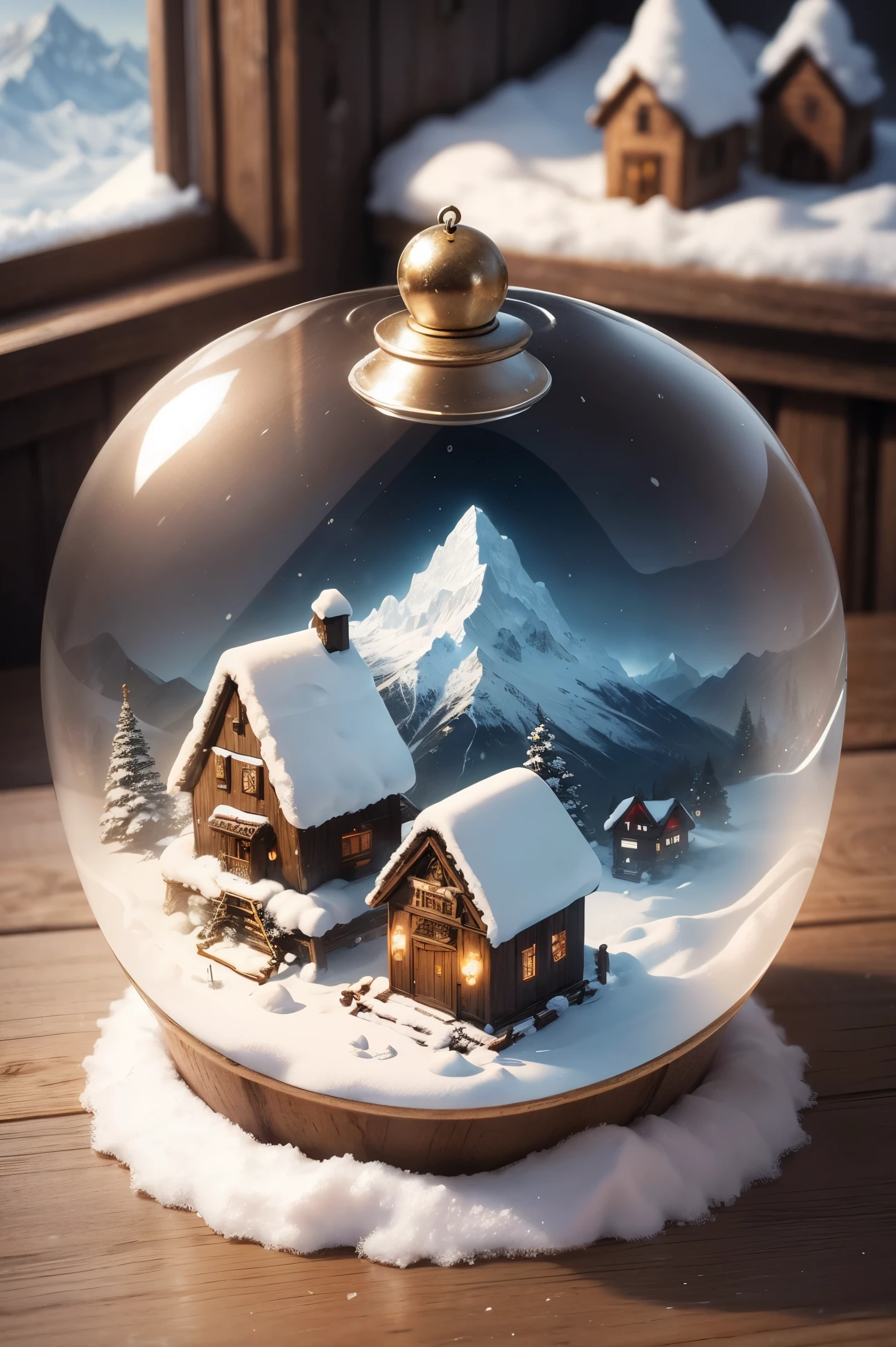 A cute miniature snow-covered mountain village in a glass bell on a wooden table.