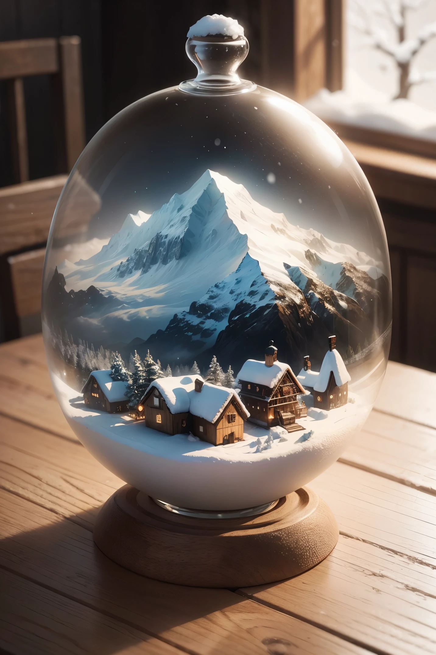 A cute miniature snow-covered mountain village in a glass bell on a wooden table.