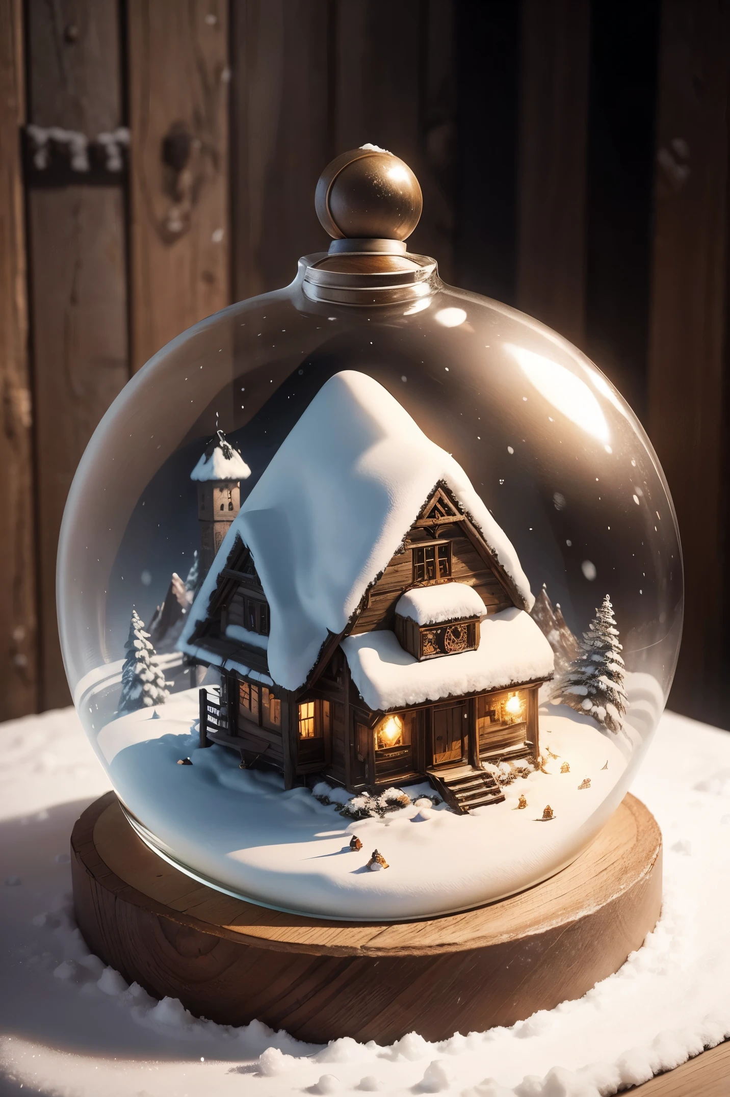 A cute snow-covered mountain village in a glass bell on a wooden table.