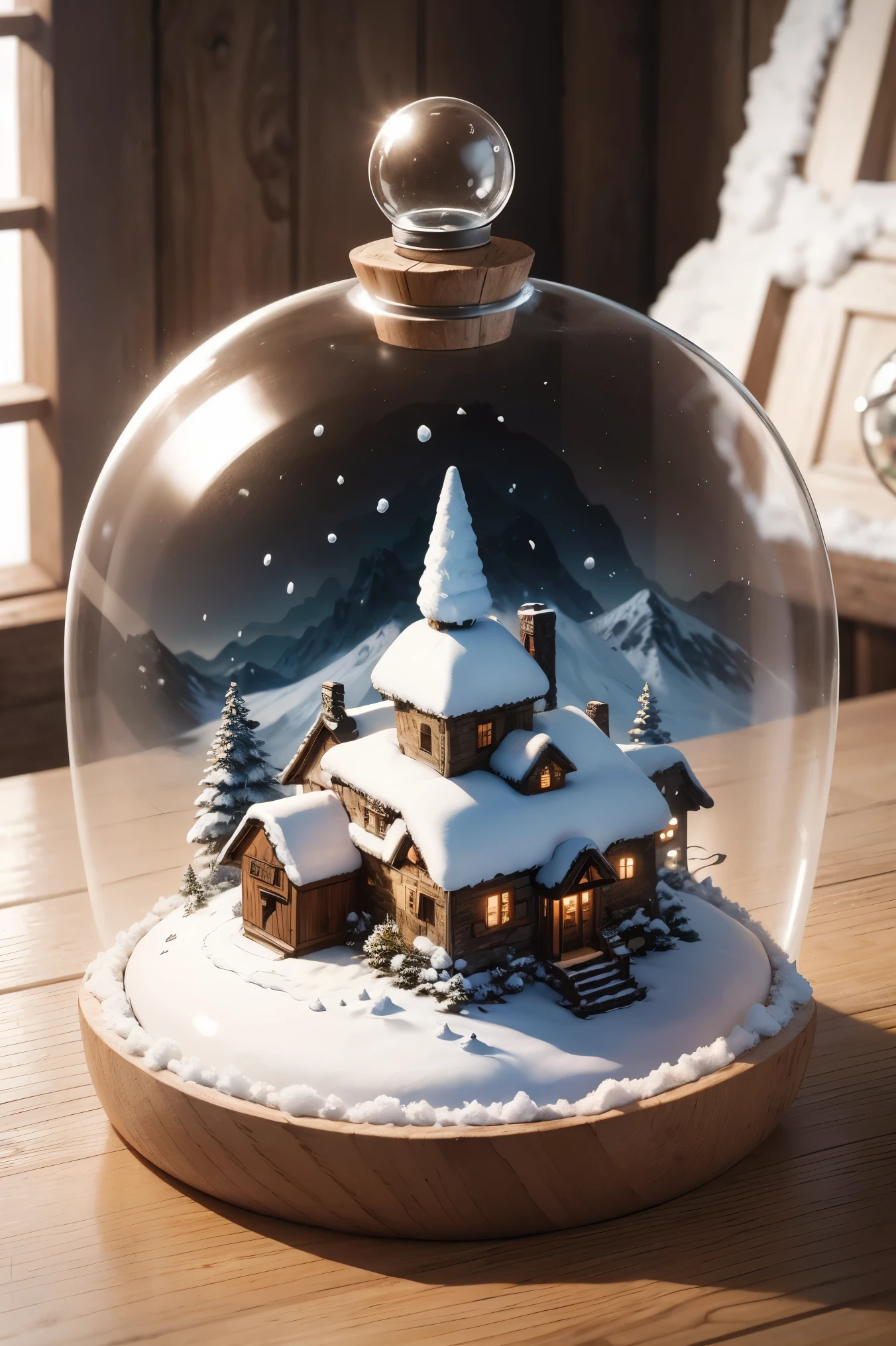 A cute snow-covered mountain village in a glass bell on a wooden table.