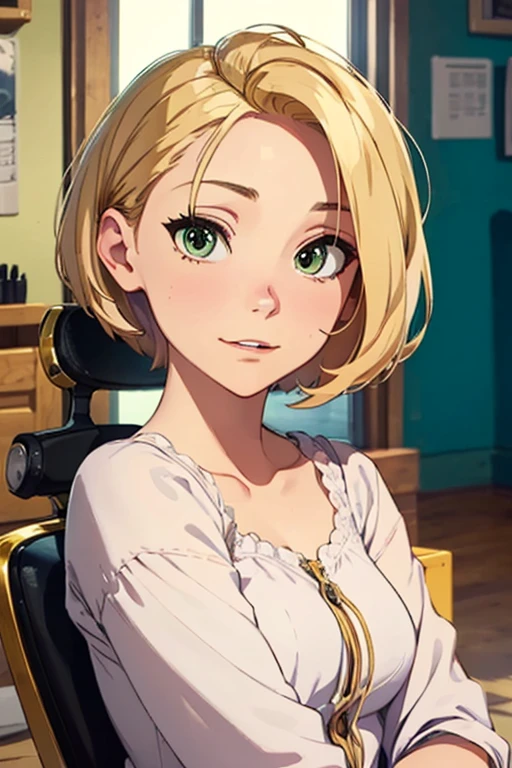 (masutepiece:1.2), (Best Quality), (ultra-detailliert), (8K, 4K, Convoluted),(Half body:1.2),(Highly detailed:1.2),(Detailed face:1.2), (Detailed background),(Portrait),Detailed landscapes,((Text to Image Cutting Hair:1.3)),Rapunzel,1girl in, Solo,From the front,sit in the chair in front of the barber shop,(center part), Nervous, Blonde hair, Pixie cut:1.5, Green eyes, Inside the barbershop,(White cloth for haircut),
