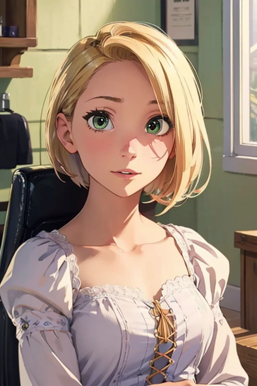 (masutepiece:1.2), (Best Quality), (ultra-detailliert), (8K, 4K, Convoluted),(Half body:1.2),(Highly detailed:1.2),(Detailed face:1.2), (Detailed background),(Portrait),Detailed landscapes,((Text to Image Cutting Hair:1.3)),Rapunzel,1girl in, Solo,From the front,sit in the chair in front of the barber shop,(center part), Nervous, Blonde hair, Pixie cut:1.5, Green eyes, Inside the barbershop,(White cloth for haircut),
