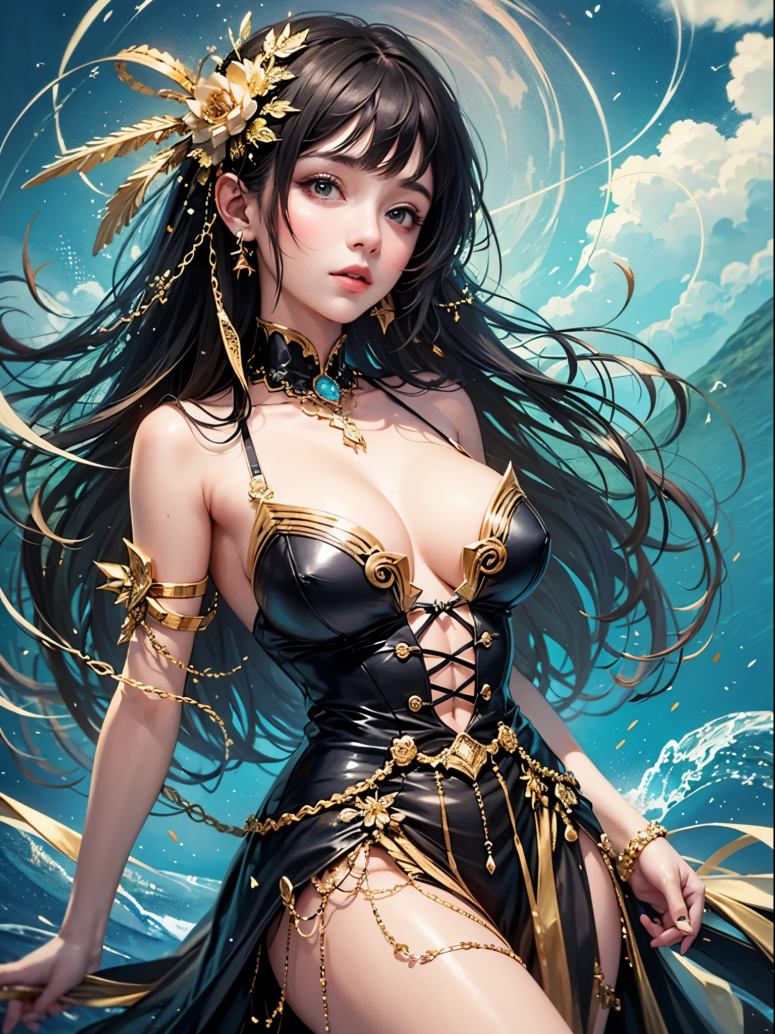 art, Unity 8k壁纸, Ultra-detailed, Beautiful and aesthetically pleasing, (s fractal art: 1.3),  flower, girls, (Hairstyles: Long hair) Ocean, Extremely detailed, Cowboy shot, The most beautiful, Seafoam, Buble, cute big breasts, ultra quality, best quality, random background, random dress, --auto --s2