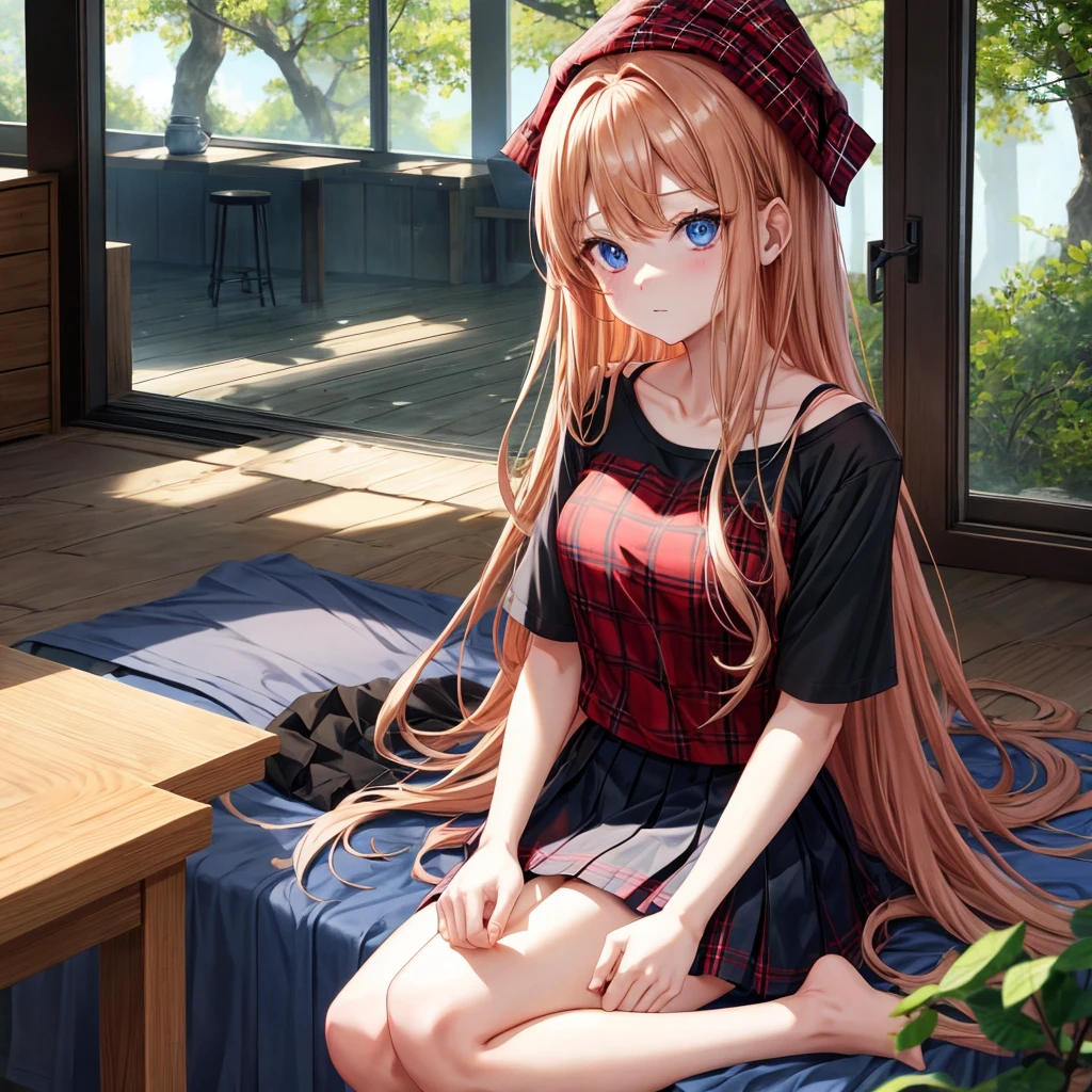 red blonde、blue eyess、one good looking girl、独奏、animesque、Plaid miniskirt、Black T-shirt、camisole、the woods、Sunlight、inside in room、sitting on、has a blanket over his head