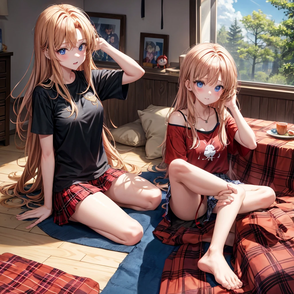 red blonde、blue eyess、one good looking girl、独奏、animesque、Plaid miniskirt、Black T-shirt、camisole、the woods、Sunlight、inside in room、sitting on、has a blanket over his head