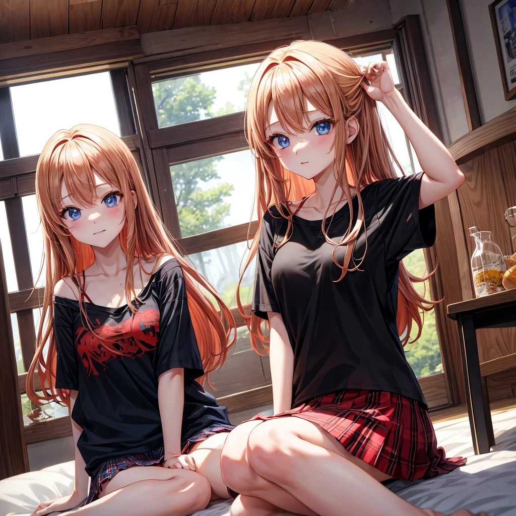 red blonde、blue eyess、one good looking girl、独奏、animesque、Plaid miniskirt、Black T-shirt、camisole、the woods、Sunlight、inside in room、sitting on、has a blanket over his head