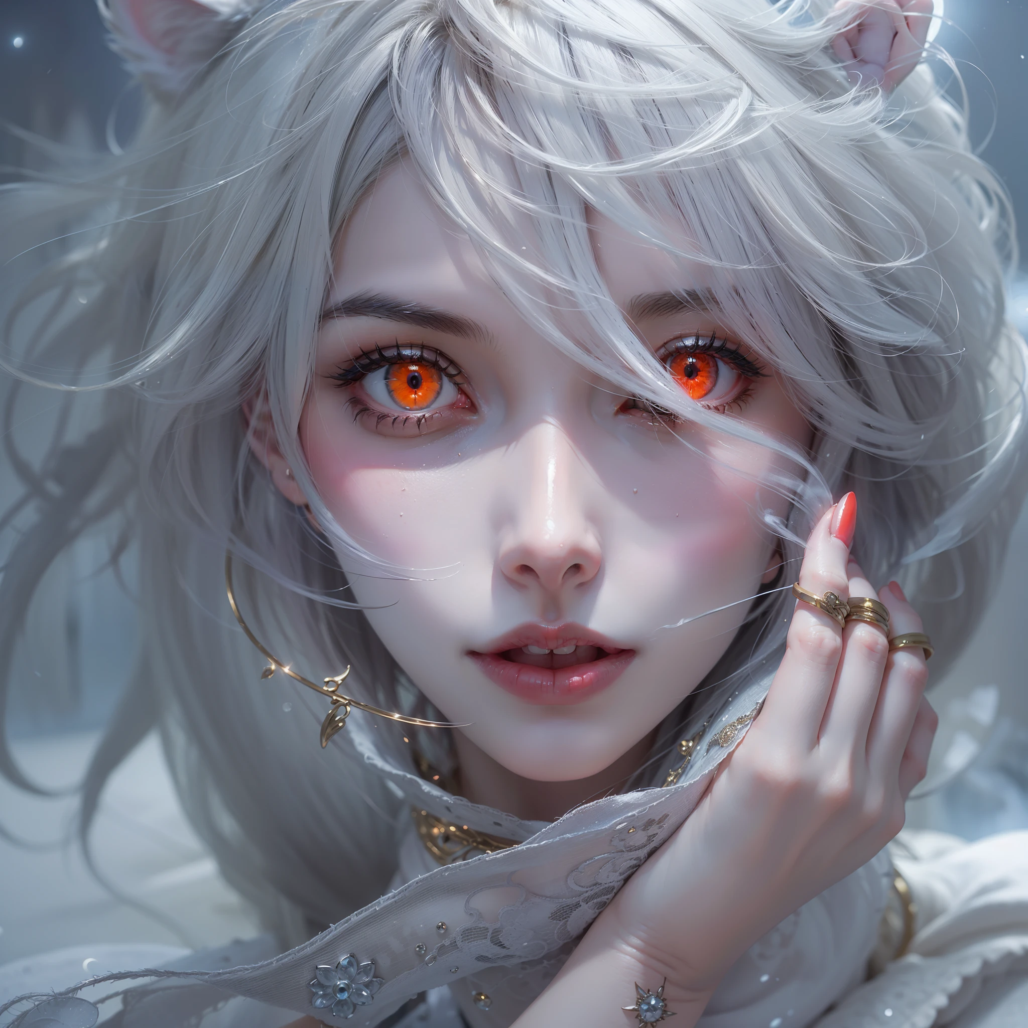 (number々Award-winning masterpieces of, with incredible detail, textures and maximum detail), (hyper Realistic:1.4), (Realistic:1.3), (Full body image:1.7), (Upper Body Up:0.3), (Transparent, strangely white skin with the highest quality Realistic texture), (five perfect and beautiful fingers:1.8), (Yuki-onna from Japanese folk tales: 1.6), (smile with red lips: 1.7), (fine perfectly symmetrical eyes), (Dense and breathtakingly beautiful face: 1.6), (Image of an aesthetic and decadent atmosphere: 1.6), (fair but beautiful skin and face,,,,,: 1.6), (Cat's ears:1.8), (Wearing decadent and delicately crafted accessories: 1.8), (Bioluminescent bright red eyes: 1.7), (Fallen Beauty: 1.6), (A pair of red eyes with strong red light emitting from within:1.7), (The calm white old clothes that cover his entire body are badly damaged...., however、Elegant and delicate: 1.8), (Less skin exposure:1.5), (Strong moonlight shining in from overhead: 1.7), ((dramatic photography)), ((Cinematic light)), (full-length portrait:1.7), (looks up), (Looking down), (dramatic pose), (Smoke effect and bewitching light:1.4), Beautiful white hair, Beautiful silver hair, Beautiful blonde hair, Wind-effect, Swirling snow, blizzard, Winter storms, wind and rain, (Purple smoke in the air: 1.3), (A blizzard field, Quiet snowfield on a moonlit night, Midnight Snow Town), (a dark night, Full Moon Night, New Moon Night), epic Realistic, Faded, ((Neutral colors)), Art Book, (nffsw:1.5), (Muted colors:1.2), Hyper Detailed, (Art Book station:1.5), Cinematic, Warm lights, light effect, Dramatic light, (Intricate details:1.1), (Greg Rutkowski:0.8), (teal and orange:0.4),