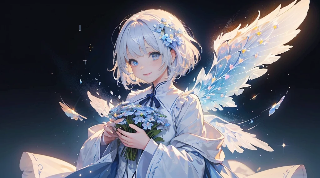 (1girl in:1.3)、(Fractal Art:1.3)、white  hair、short-hair、Spread your shining wings with both hands、embrace your heart、I will give you the light of a diamond、forget-me-not blue light、The endless blooming forget-me-nots are rooting for you.、No problem、side lights、A smile