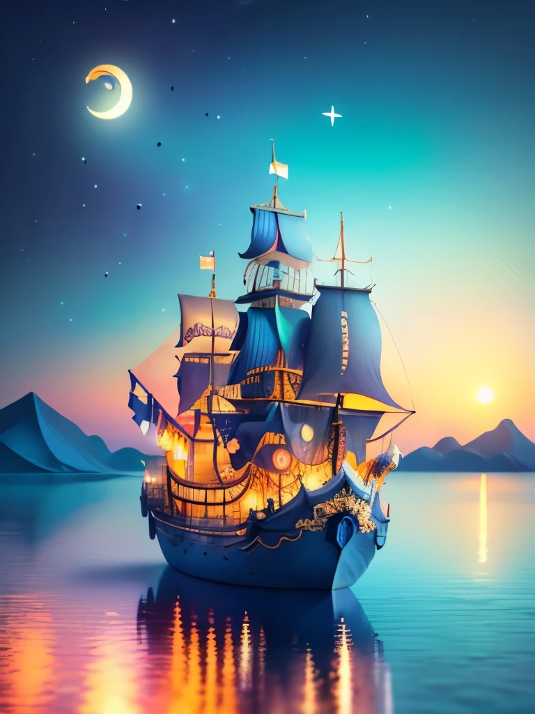 (((masterpiece))),best quality, illustration,  sky, cloud, water, star \(symbol\), tree, no humans, night, bird, moon, building, small island, star \(sky\), night sky, scenery, starry sky, watercraft, castle, ship, waves, tower, boat. vibrant color scheme, Soft light,(warm color:1.2),Water color painting, light background, best quality exquisite details,3d rendering,Octane render, pastel, _cut
