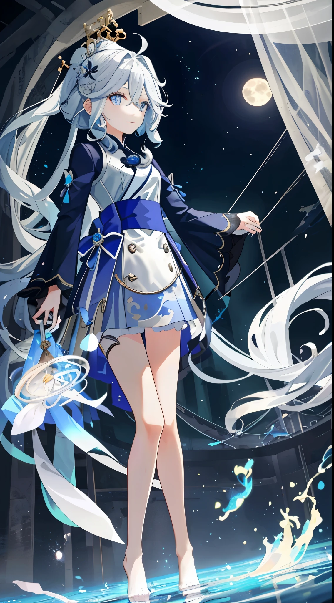 The daughter,White bathtub,Hanfu,see-through sleeves,Mess up your hair,ssmile,themoon,Full body like,White fan gradient long hair,messy hair,Movie Angle,Floating King,(美丽细致的眼睛),(Detailed lighting),电影灯光,beautiful detailed sky,(1个Giant Breast Girl),(Long gray hair),glowing light eyes,(lighting particle),(Draw one),plethora of colors,Tinas