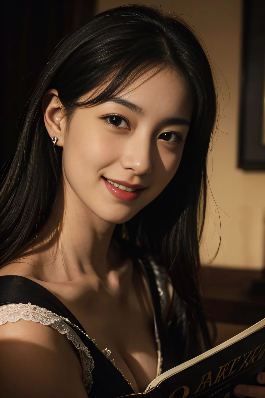 Woman reading,antique,A smile,,Sweet and seductive appearance.、Caravaggio's paintings、Chiaroscuro of Caravaggio,,Cute smile, Expression of ecstasy,erotick,A sexy,Seduce you