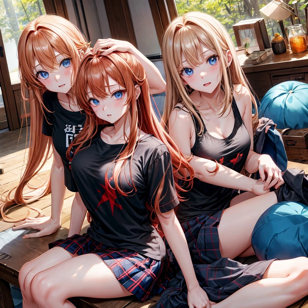 red blonde、blue eyess、one good looking girl、独奏、animesque、Plaid miniskirt、Black T-shirt、camisole、the woods、Sunlight、inside in room、sitting on、has a blanket over his head、bare-legged