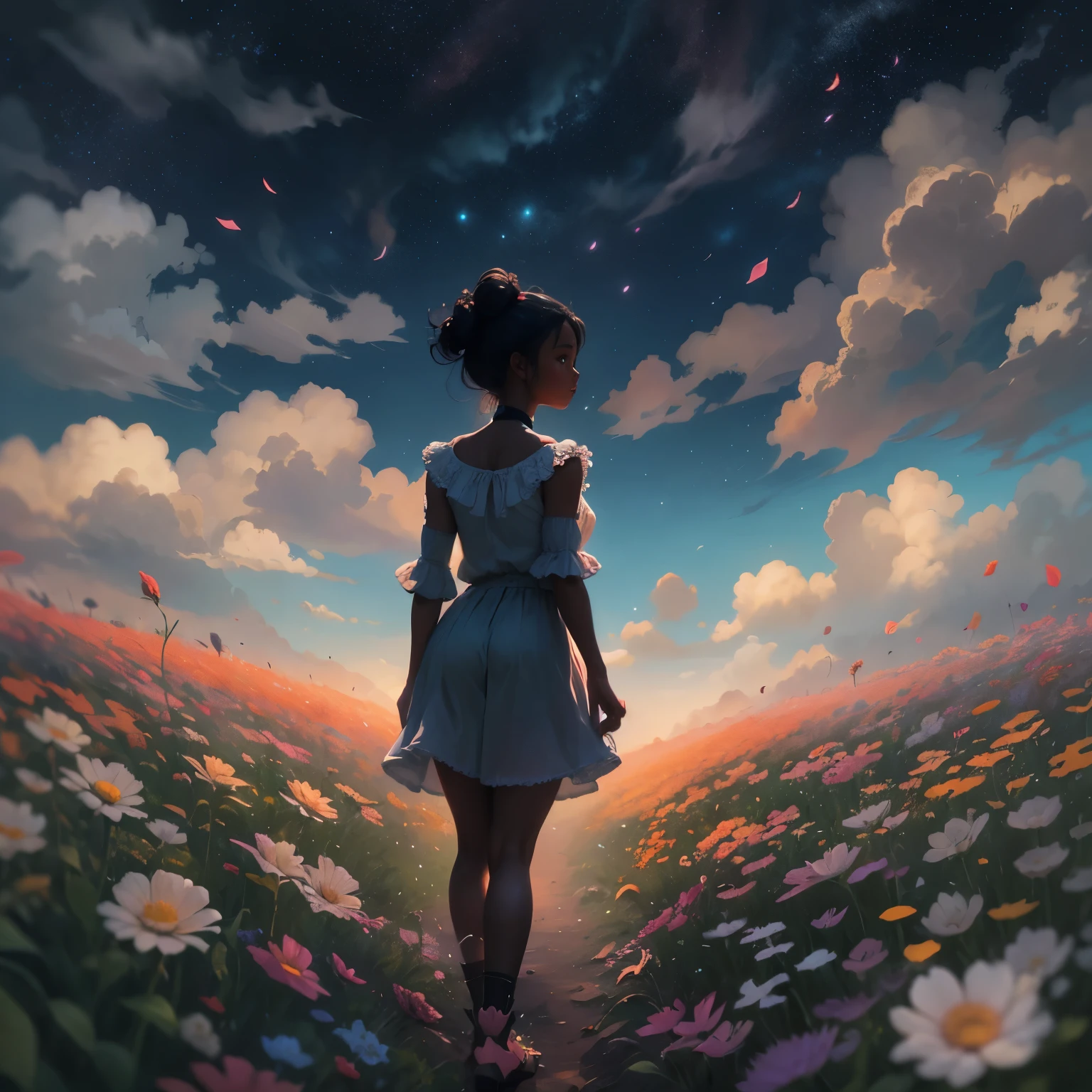 There is a black girl (dark skin) standing in a flower field looking up at the sky, a girl standing in a flower field, a girl walking in a flower field, lost in a dreamy wonderland, standing in a flower field, fantastic digital painting, the sky gradually clears, the starry sky gradually recedes, waiting for the ship to come in, art by Laura Diehl Yaoyao Ma Van As
