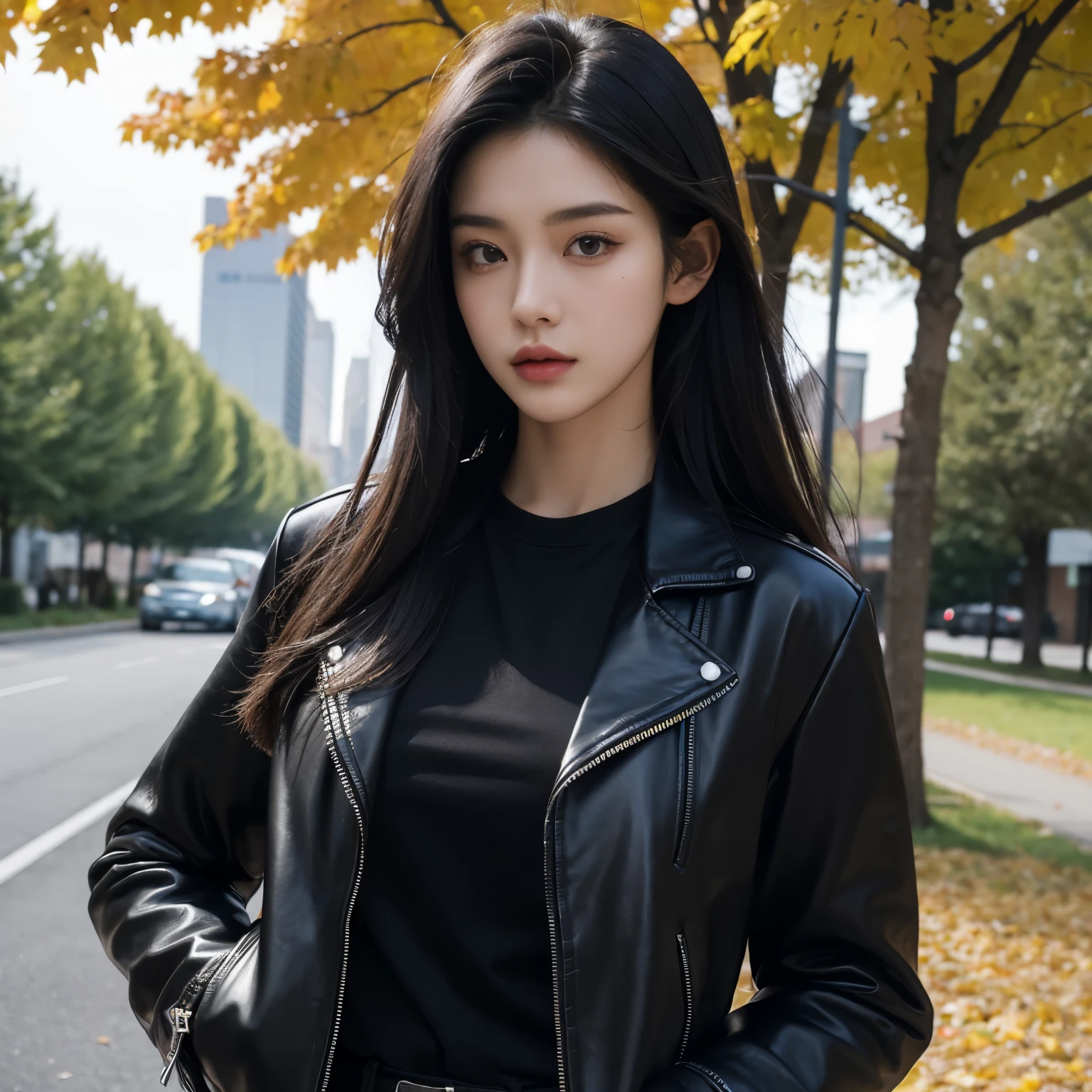 rl 20 years old, slim, average breast size, long black hair, hair is loose, brown eyes, wearing a black leather jacket, A solid-colored t-shirt, black cloth Park, lots of trees, fall, leaves falling,The cover, the poster, the pretty picture,