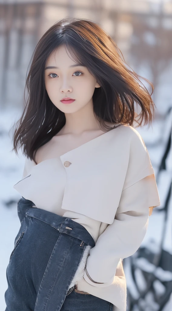 ((Best Quality, 8k, Masterpiece: 1.3)), Focus: 1.2, Perfect Body Beauty: 1.4, Buttocks: 1.2, ((Layered Haircut, Flat Chest: 1.2)), black bandeau, light black skinny jeans, Highly detailed face and skin texture, Delicate eyes, Snow-white skin, Long hair, Full body, super detailed, 8k