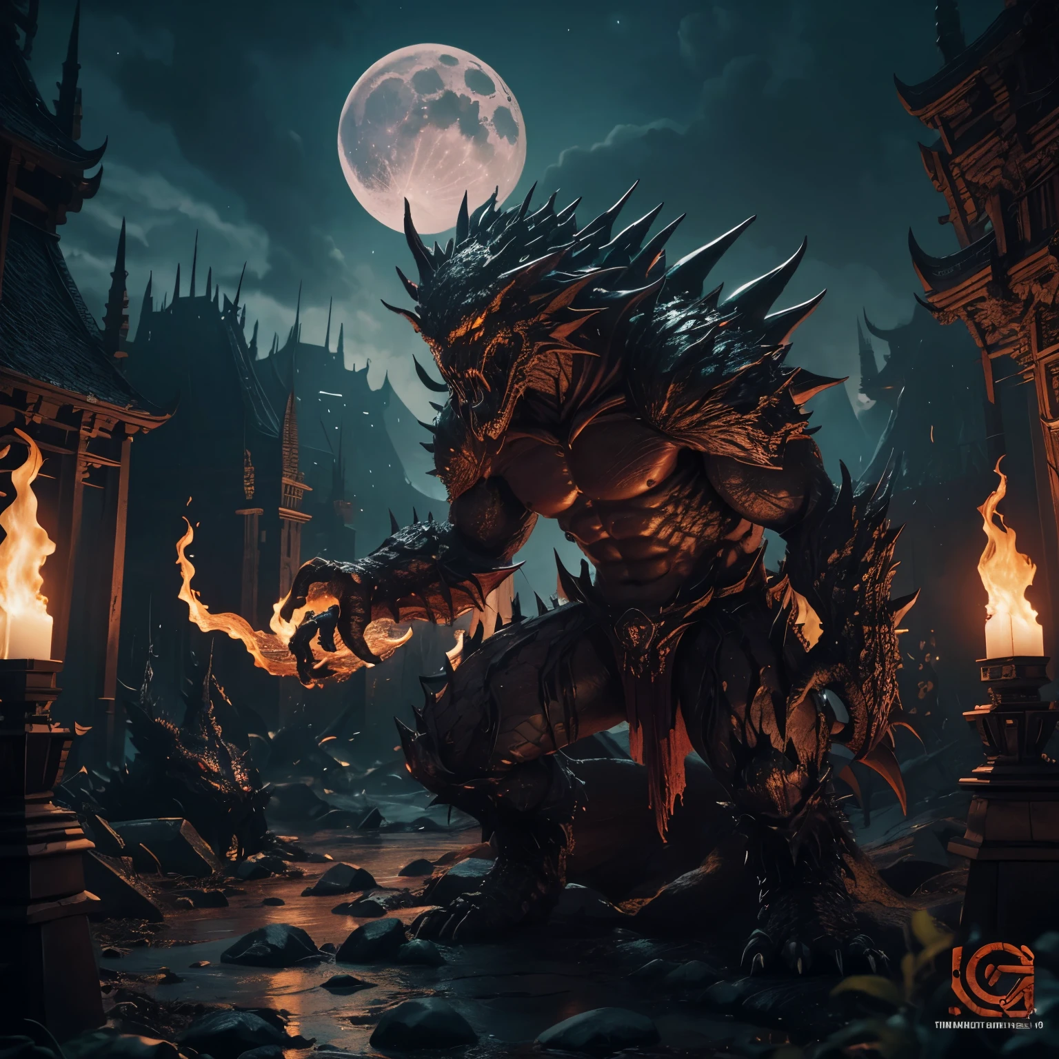 Strange monsters in a fantasy world,Cerberus,Strong limbs,Covered in flamelood,Covered with thick spikes,Moon Night,中景 the scene iull body like, highly detailed surreal vfx,oc rendered,Shot with 70 mm - AR 16:9 --q 2 --s 1000