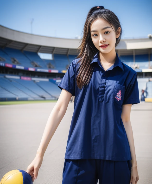 (bestquality,10,10,highres,masterpiece:1.2),ultra-detail,(Realistic,ภาพRealistic,photo-realistic:1.37),1 Cute girl in the football field,oily shiny skin,bara,light smile,BDclothelue shirt:1.3)),short sleeves,shirt, trousers.,(navy_long_ติดตามtrousers:1.1), ((Stadium Background:1.3)),dynamic angle,excited,face focus,Dynamic Poses,from behide,Ass Focus,masterpiece, bestquality, ultra realistic, hyper-detail, 8k resolution, RAW photo, crisp focus, ((Navy blue shirt:1.1)), short sleeves, เส้นทางlong, Complete bodyแบบ, 2 mature women, 18yo, cinematic light,trousersวอร์มสีน้ําเงิน,Gymware,Correct anatomy,Complete body, Correct body, sharp face, Correct bodyทางกายวิภาค, full entire body, Realistic gestures, long-haired, Realistic poses,Wear long shorts.............................,ช่วงขาlong,Shapely,Sculpting Girl, Slender Figure, mannequin mannequins, Shapely, Beautiful body,trousersวอร์มสีน้ําเงิน, Two girls kissing