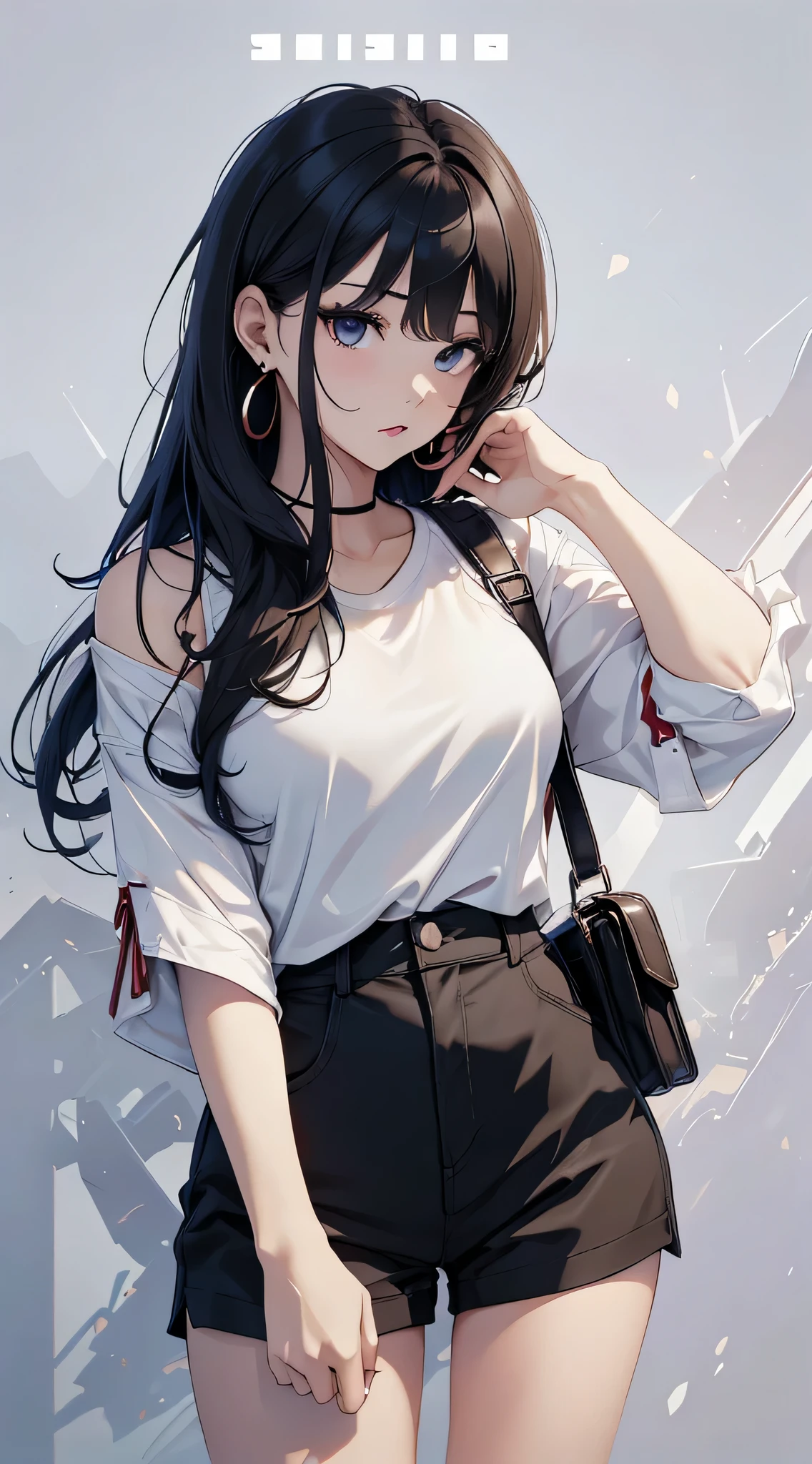 top-quality、Top image quality、masterpiece、 girl((White shirt、Long black trousers、18year old、 Ager、Best Bust、big bast,Black eyes, Black hair、A slender,Large valleys、red lipstick makeup on eyelids、Cute earrings、銀の腕時計、sexypose、Bring your chest together、Stylish shoulder bag、Red mesh、Leaning forward)),hiquality、Beautiful Art、Background with((white wall for photography、Multiple cameras、Shooting range))masterpiece、depth of fields,Cinematic style