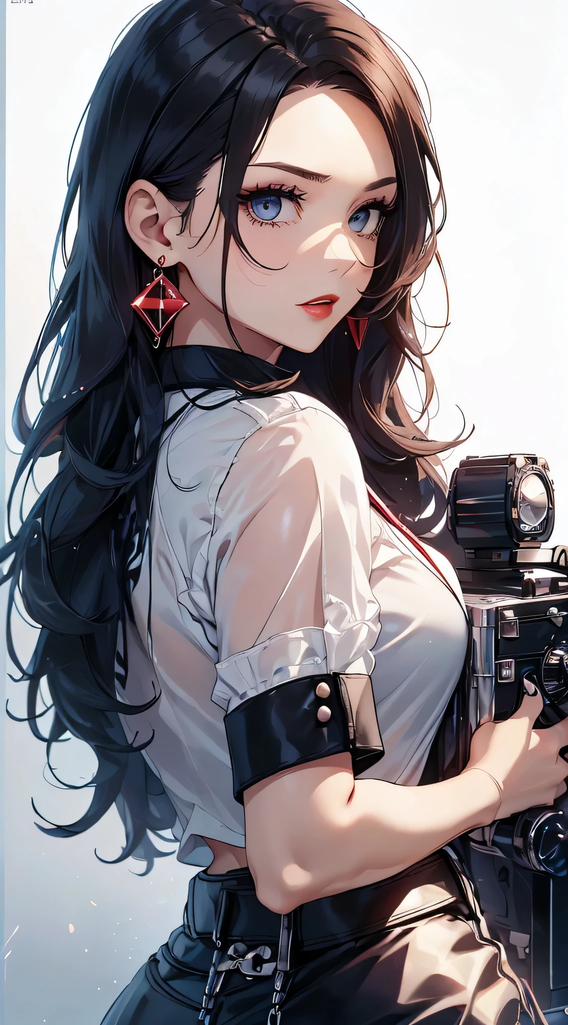 top-quality、Top image quality、​masterpiece、Teenage girl((White shirt、Long black trousers、18year old、 Ager、Best Bust、big bast,Black eyes, Black hair、A slender,Large valleys、red lipstick makeup on eyelids、Cute earrings、銀の腕時計、sexypose、Bring your chest together、Stylish shoulder bag、Red mesh、Leaning forward)),hiquality、Beautiful Art、Background with((white wall for photography、Multiple cameras、Shooting range))​masterpiece、depth of fields,Cinematic style