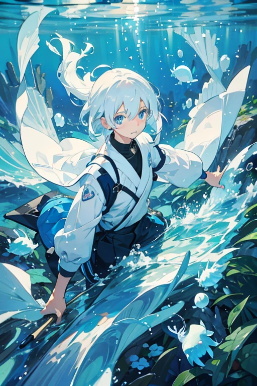 masterpiece, best quality, masterpiece,best quality,official art,extremely detailed CG unity 8k wallpaper, light blue hair, intense shadows, huge_filesize, wallpaper, boy, medium hair, white hair, longeyelashes, beautiful detailed eyes, expressionless, smirk, scowl,Snow-white eyes mixed with light blue,Sky blue with snow-white hair,storming,water fog,water dripping,bright,A Chinese dragon made of water,Clothes that are mainly white,