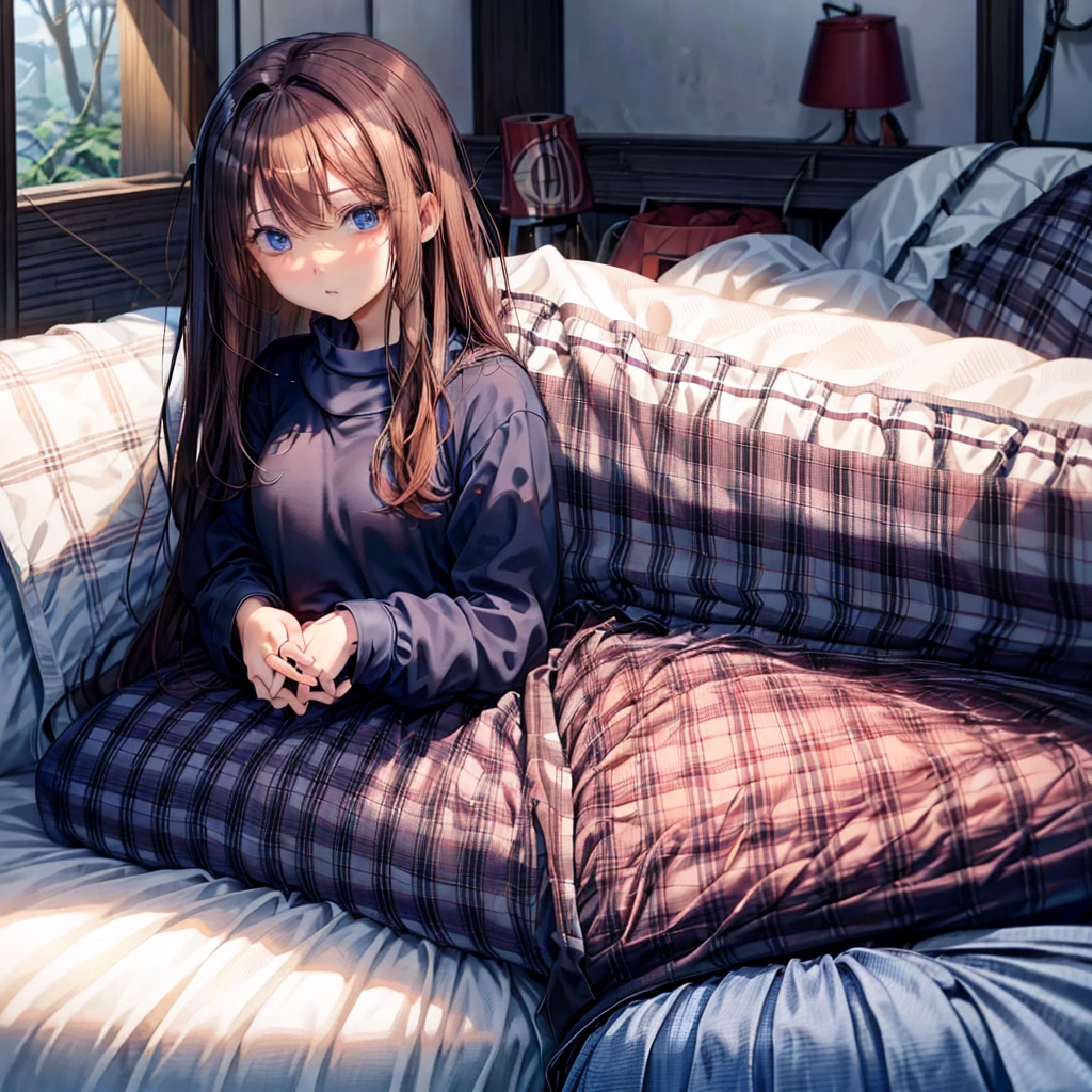 red blonde、blue eyess、one good looking girl、独奏、animesque、Plaid miniskirt、Black T-shirt、camisole、the woods、Sunlight、inside in room、sitting on、has a blanket over his head、bare-legged