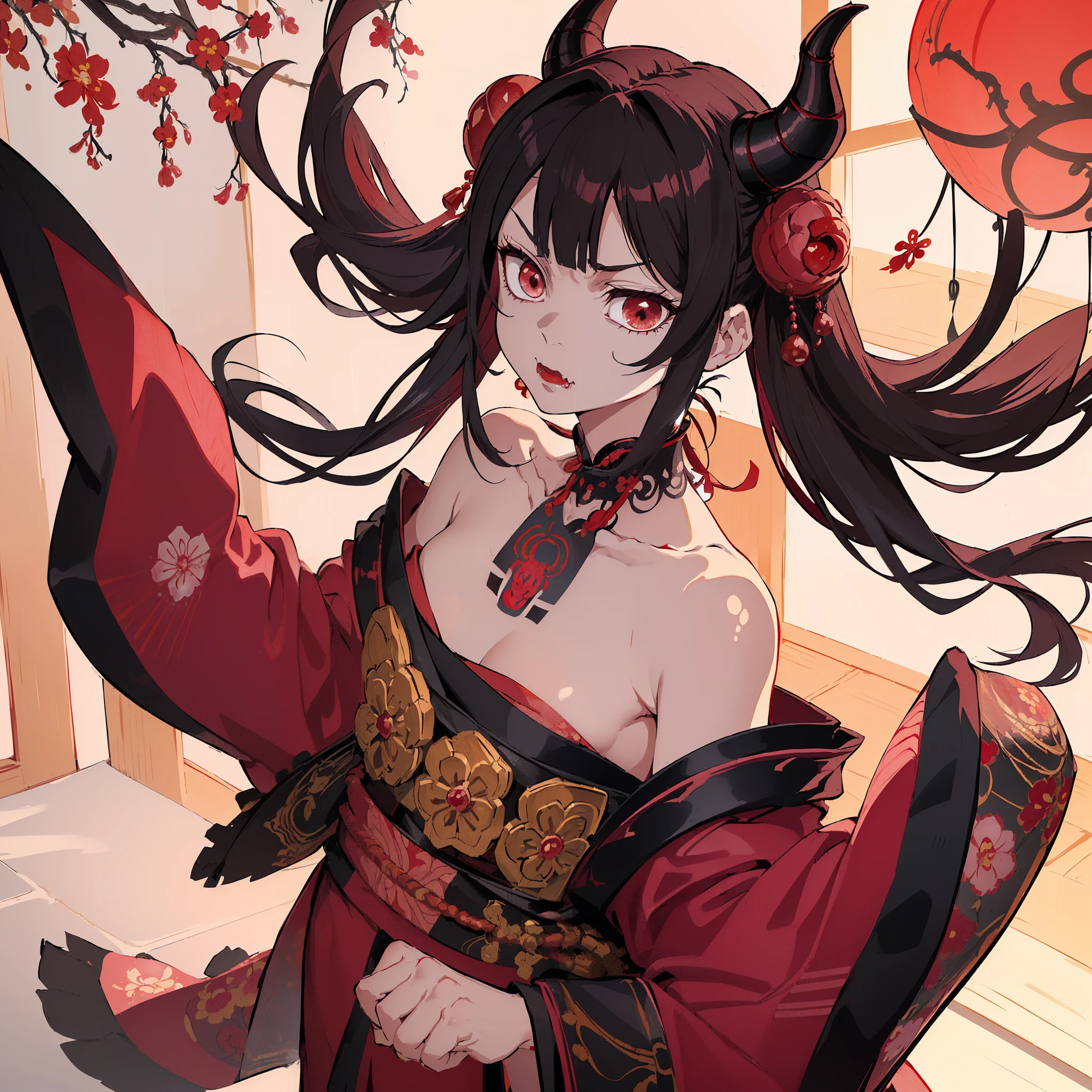 (masutepiece, Best Quality:1.2), kimetsu no yaiba style, Kamado Nezuko, (1 girl, Solo), 20 years old, Upper body, (Pink kimono, Open chest, floral tattoo on neck and chest), (red demon horns, Red Eyes), (Angry face, long fangs), claw pose, Japanese old style room background