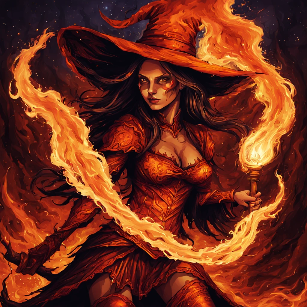 brho, Witch in Flame orange colors witch hat and witch outfit made of flame with a mane of hair of flame and fire wand wreathed in intense flames, background fire night