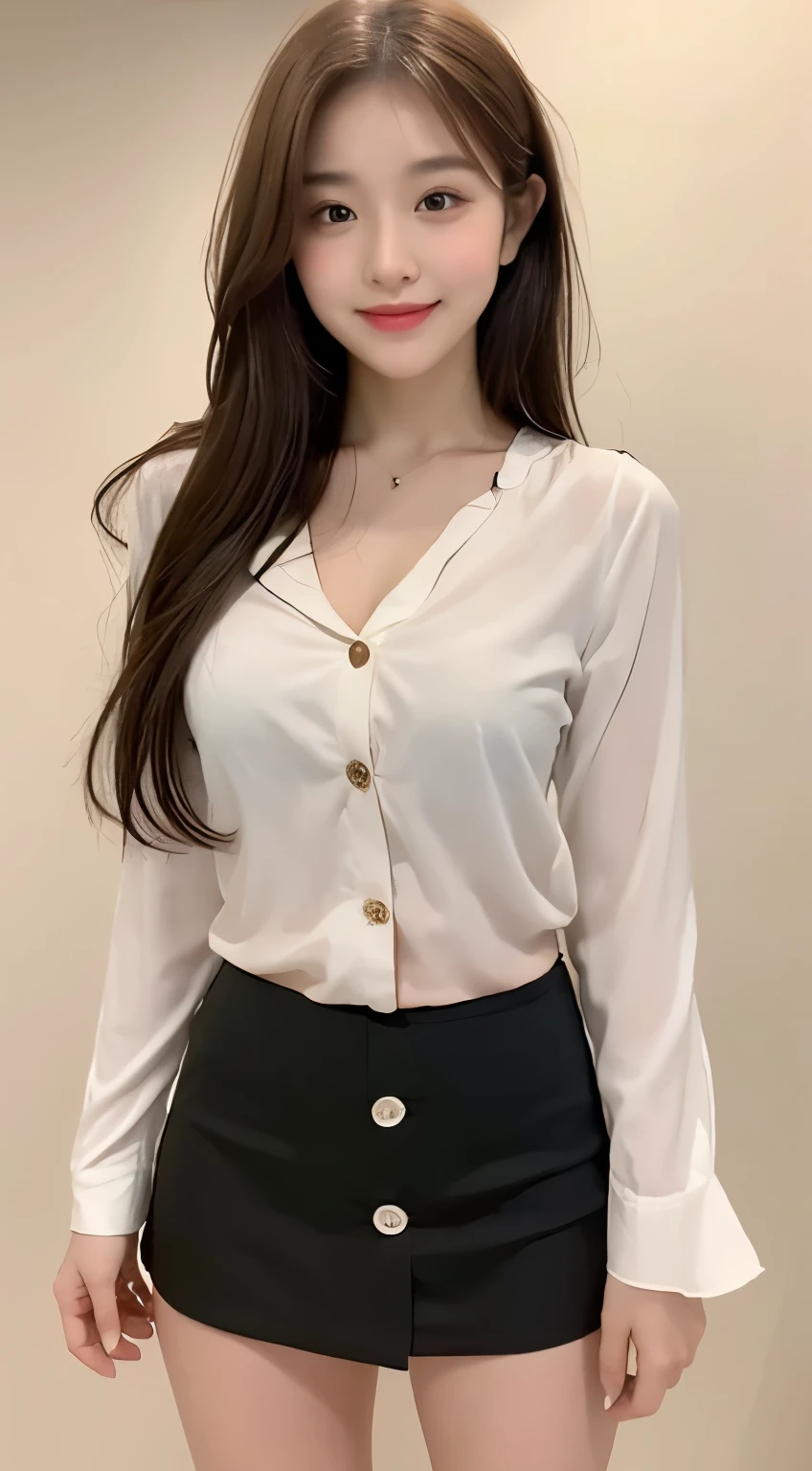 1 girl, (solo), (chest shot up), (Masterpiece, best resolution: 1.2), (brown eyes), seduction, smile, long brown hair, small breast, high-definition facial features, 8K, double eyelids, delicate facial feature, 20 years old, bare legged, ((studio)), ((button up blouse))), (((black mini skirt))), standing, full body, plain background, white screen background