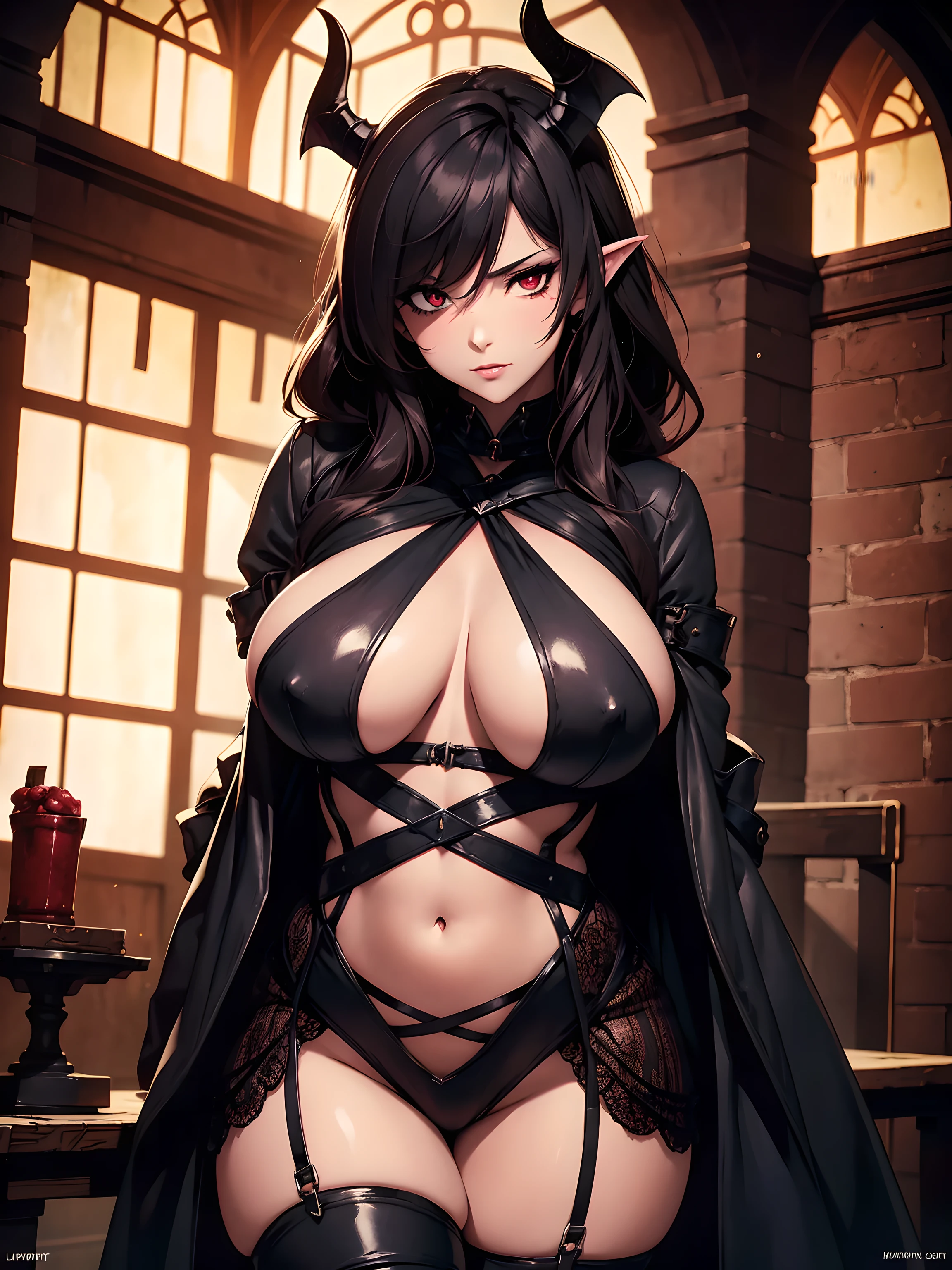 Fantasy, darkest dungeon, a voluptuous succubus with a curvy body, firmly tied, bound with heavy iron chains, red eyes, black braid, nsfw, High detailed, 4k, Masterpiece, Cinematic Lighting, a mystic light illuminates her silhouette, ground angle shot