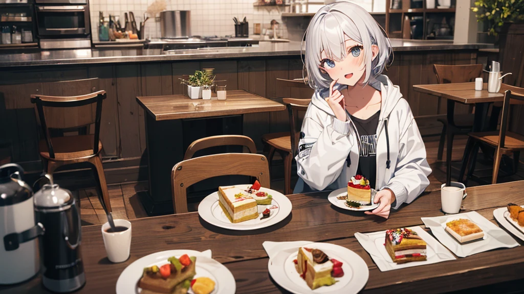 Ultra-high image quality,Look at viewers, hands behind back, girl with, 20 years old, Very short hair, long bangs between eyes, blue eyess,Black eyes, Hoodie, Skirt , Extremely detailed,(masterpiece、top-quality),White hair、A smile、Fantastical, Silver hair,, Hoodie, White hoodie,a black skirt,Hair is short,White jacket, Casual style,Open jacket, , look down from above、open open mouth、5 fingers、sit a chair、Dining at the café、eating cakes、collarbone visible