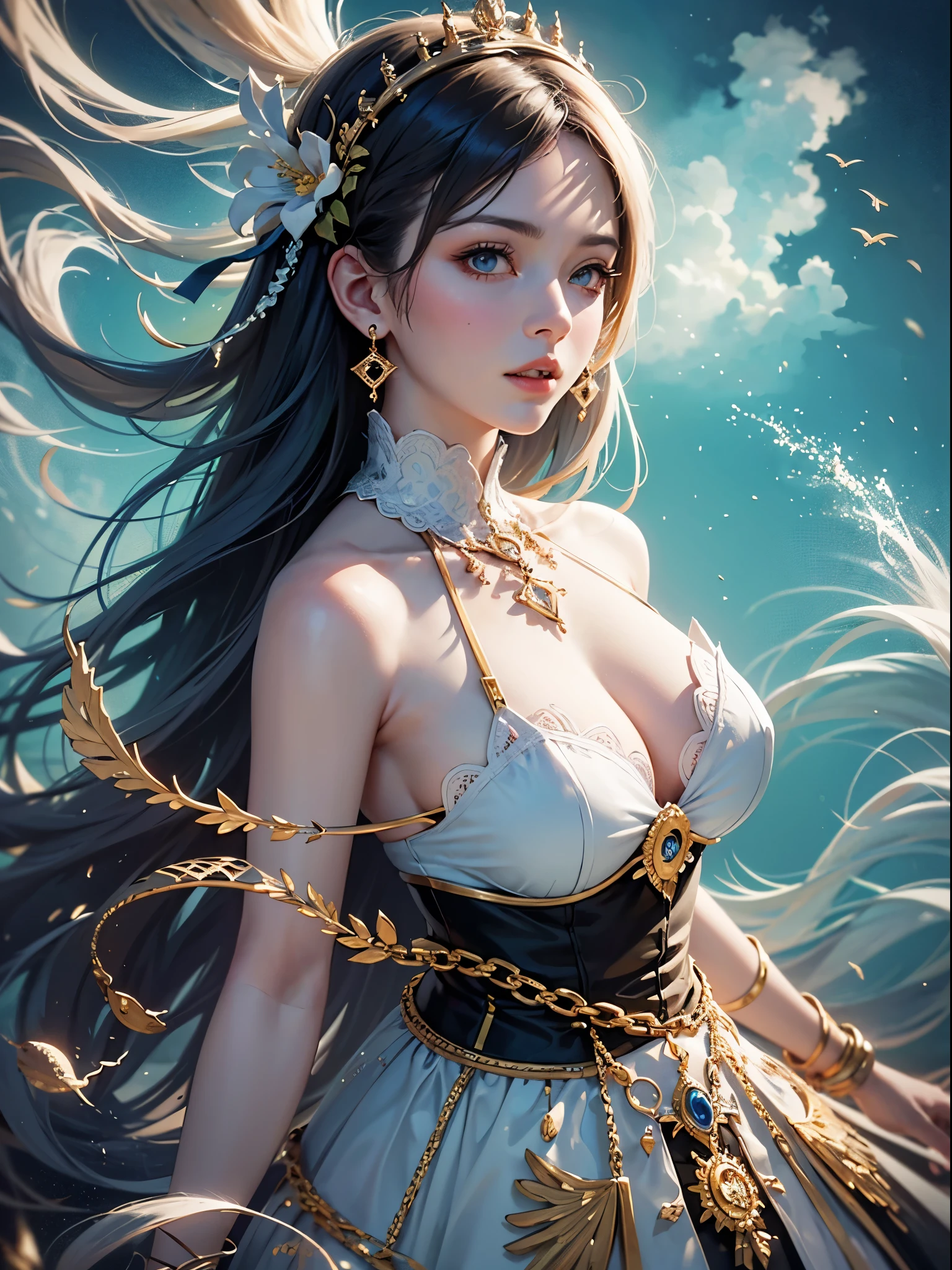 art, Unity 8k壁纸, Ultra-detailed, Beautiful and aesthetically pleasing, (s fractal art: 1.3), flower, girls, (Hairstyles: Long hair) Ocean, Extremely detailed, Cowboy shot, The most beautiful, Seafoam, Buble, cute big breasts, ultra quality, best quality, random background, random dress, --auto --s2