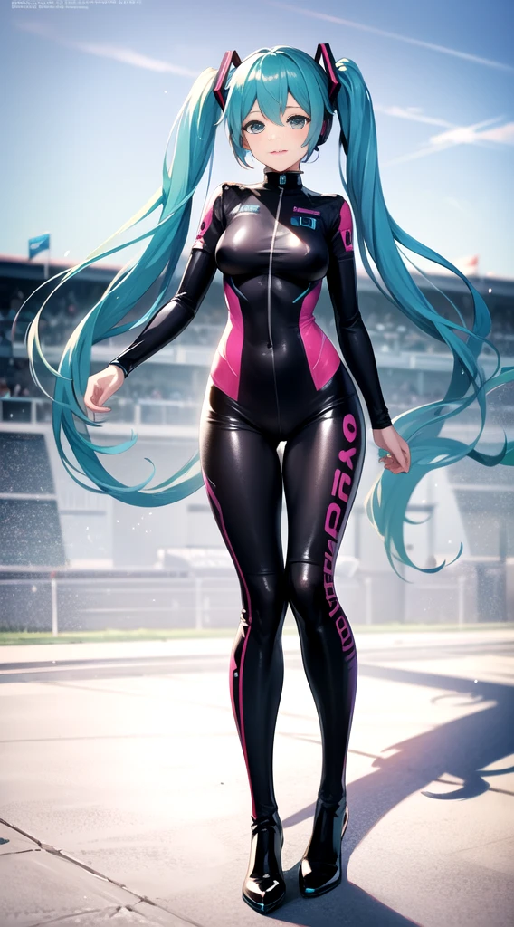 ((Hatsune Miku)), sexy outfit, twintails, high-leg leotard, high heels, ((race queen)), ((race circuit)), Mercedes-Benz, standing pose, high quality, high resolution, anime illustration