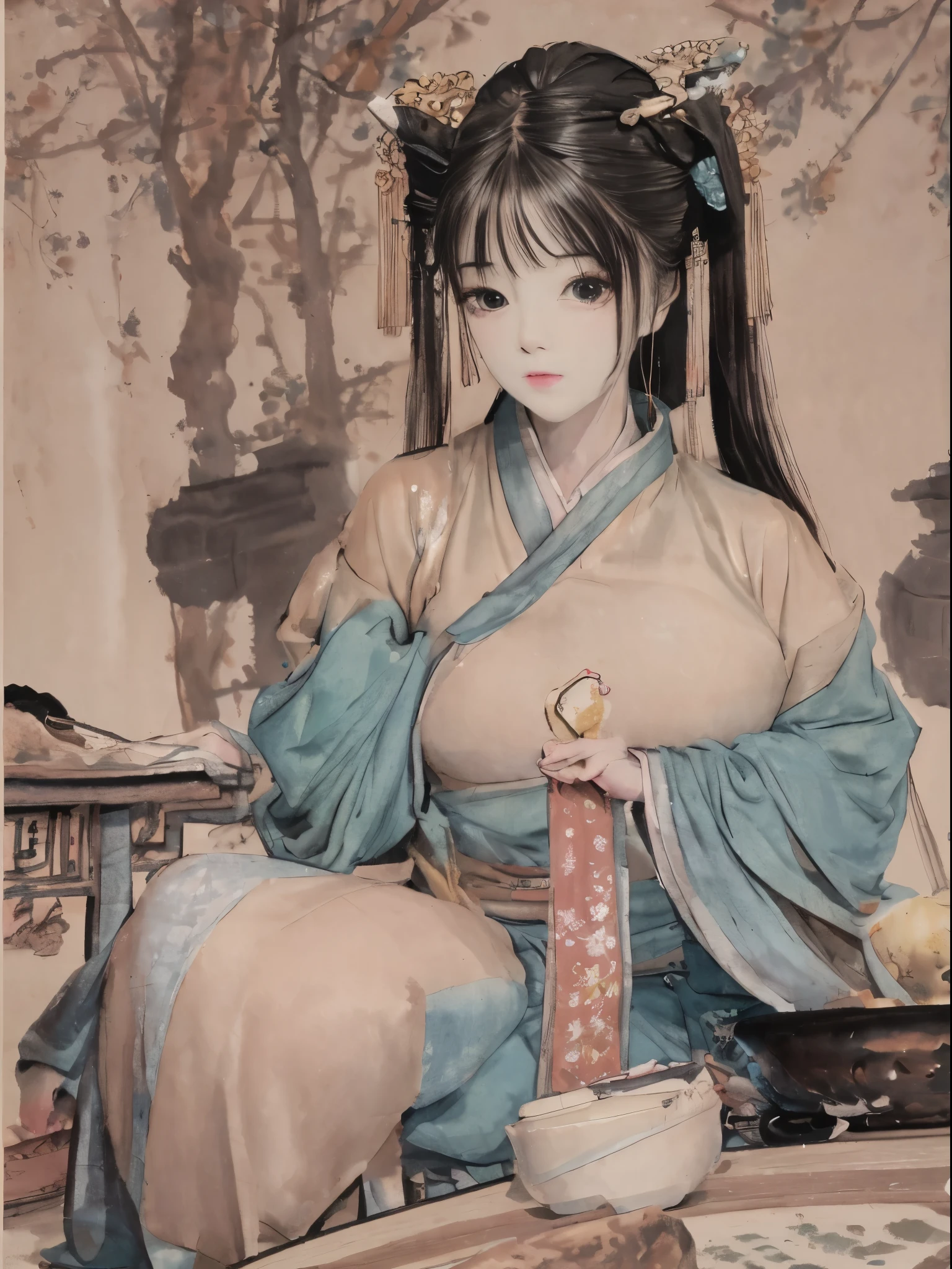 a close up of a full colour painting of people in a landscape, ancient chinese beauties, qing dynasty painting, by Wang Lü, su fu, mu pan, by Lü Ji, song dynasty, ancient china art style, chinese painting, robed figures sat around a table, by Wang Hui, by Yun Du-seo, old chines painting, traditional chinese painting
