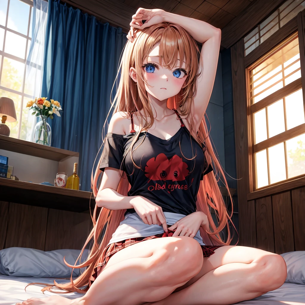 red blonde、blue eyess、one good looking girl、独奏、animesque、Plaid miniskirt、Black T-shirt、camisole、the woods、Sunlight、inside in room、sitting on、has a blanket over his head、bare-legged